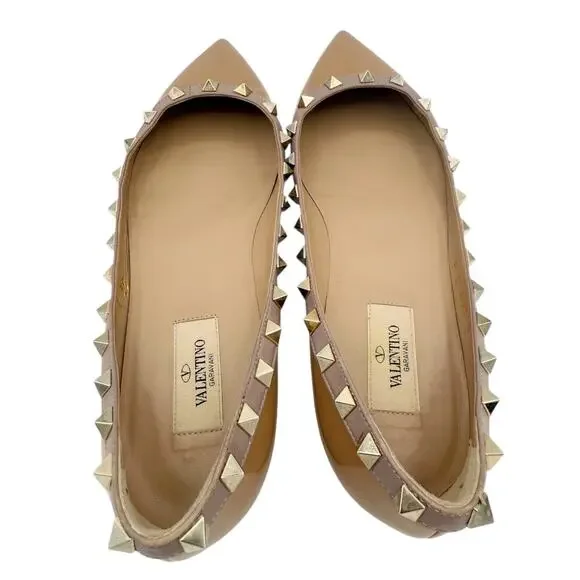 Valentino Garavani Rockstud Ballet Flat Shoes Nude Patent Leather Size 39 US 9 - Picture 5 of 15